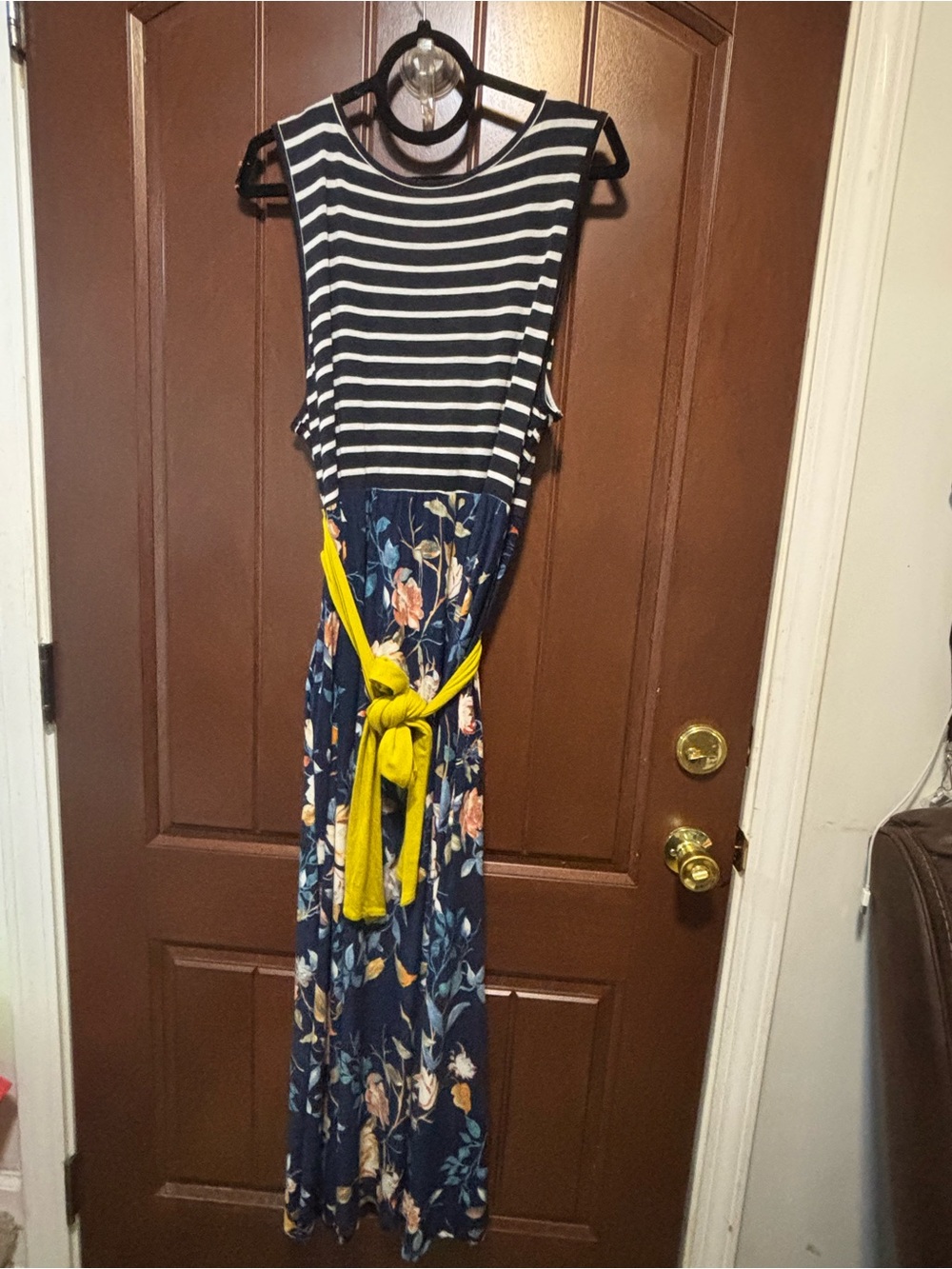 Navy Striped Floral Maxi Dress with Yellow Tie Belt